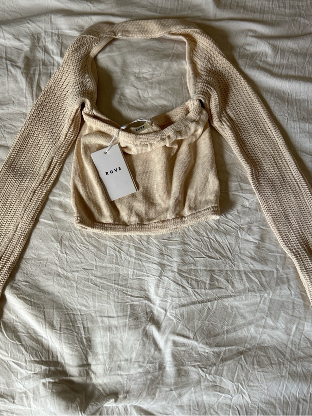 RUVE Cream Knit Long-Sleeve Cutout Crop Top & Bag